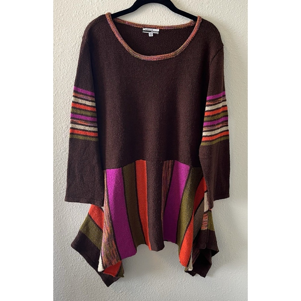 Vintage Y2K Sweater Mirror Image Size M Brown Long Striped Colorful Art To Wear